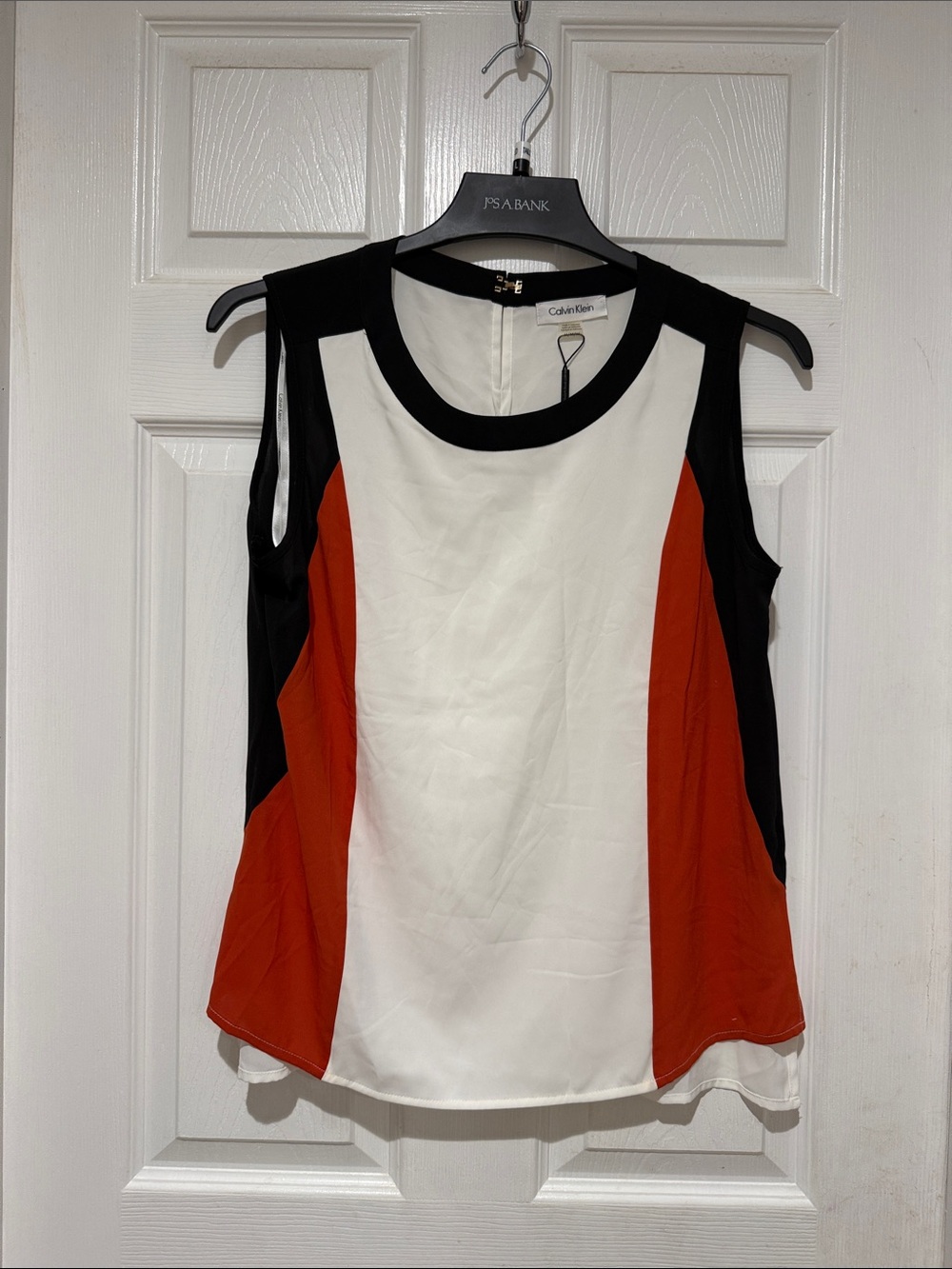 Calvin Klein White Sleeveless Colorblock Top with Black & Rust Panels